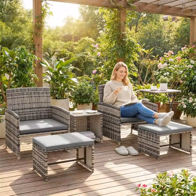 Outsunny Modern Grey Rattan Garden Furniture Set with Nesting Tables