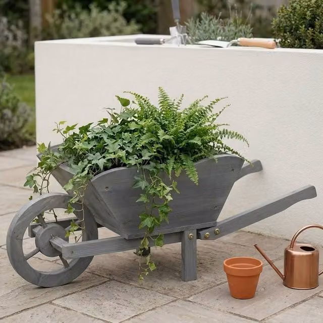 Garden Greatness Rustic Wooden Wheelbarrow Garden Planter in Grey, W/D/H: 69 x 32 x 28 cm