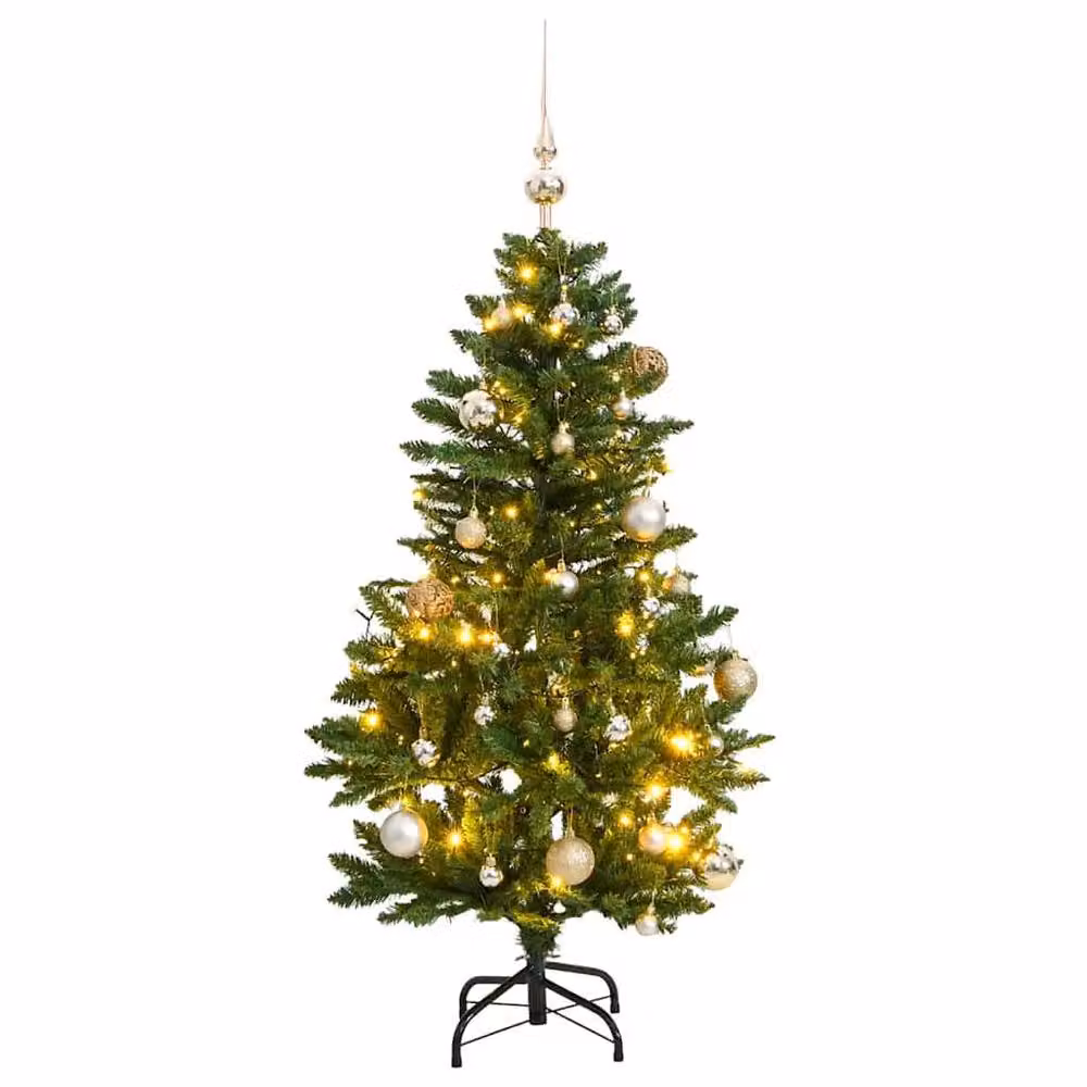 Berkfield Home Beautiful Artificial Hinged Christmas Tree with 150 LEDs and Gold and Green Ball Set, H 120 cm – 2