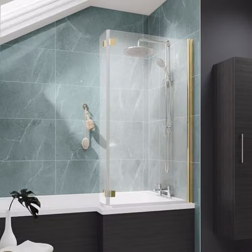 Nes Home Reversible L-Shape Bath Screen in Clear 6mm Tempered Glass with Brushed Gold Finish