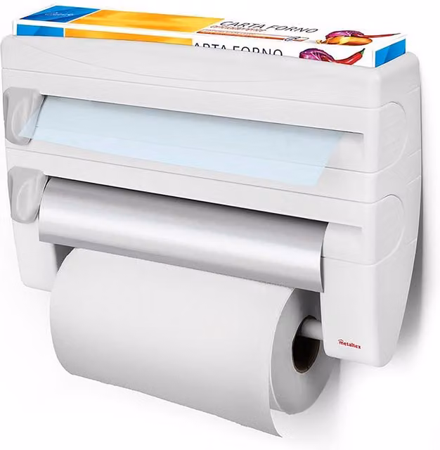 Metaltex 4-in-1 Wall Mounted Kitchen Roll Holder Dispenser with Shelf, White