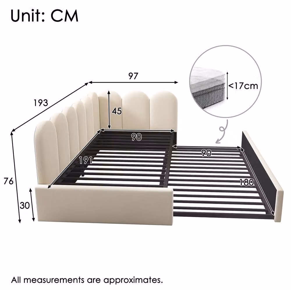 STILVORA Single Daybed with Pull-Out Bed in Beige Velvet, W/D/H: 90 x 190 x 76 cm – 2