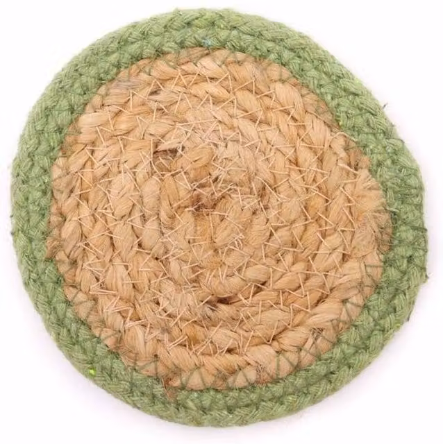 KDMD Natural Coaster Set of 4, Round Jute and Cotton with Green Border