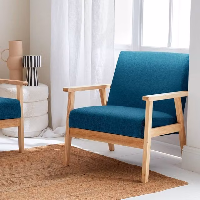 sweeek Scandi-style Blue Fabric Upholstered Armchair with Wood Frame