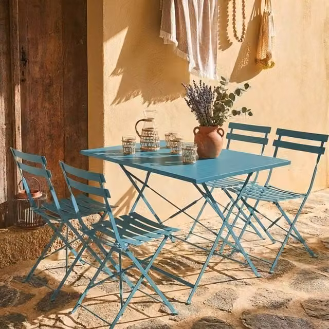 sweeek 4-Seater Folding Metal Bistro Garden Table in Blue, W/D/H: 110 x 70 x 71 cm