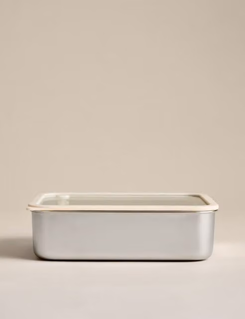 M&S Medium Leakproof Stainless Steel Container with Glass Lid in Cream
