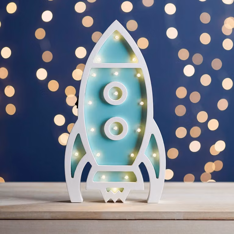 Lights4fun Wooden Rocket Night Light with Warm White LED and Timer, Multicolour and White