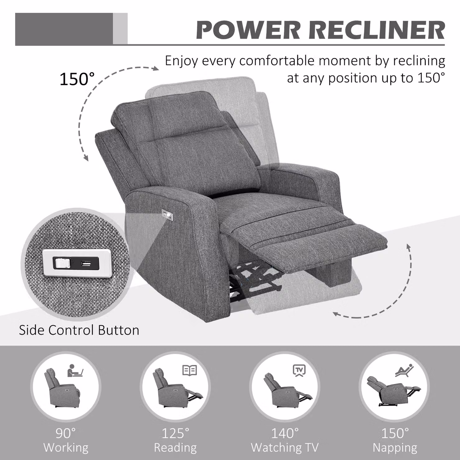 HOMCOM Electric Reclining Armchair with Adjustable Leg Rest and USB Port, Charcoal Grey – 3