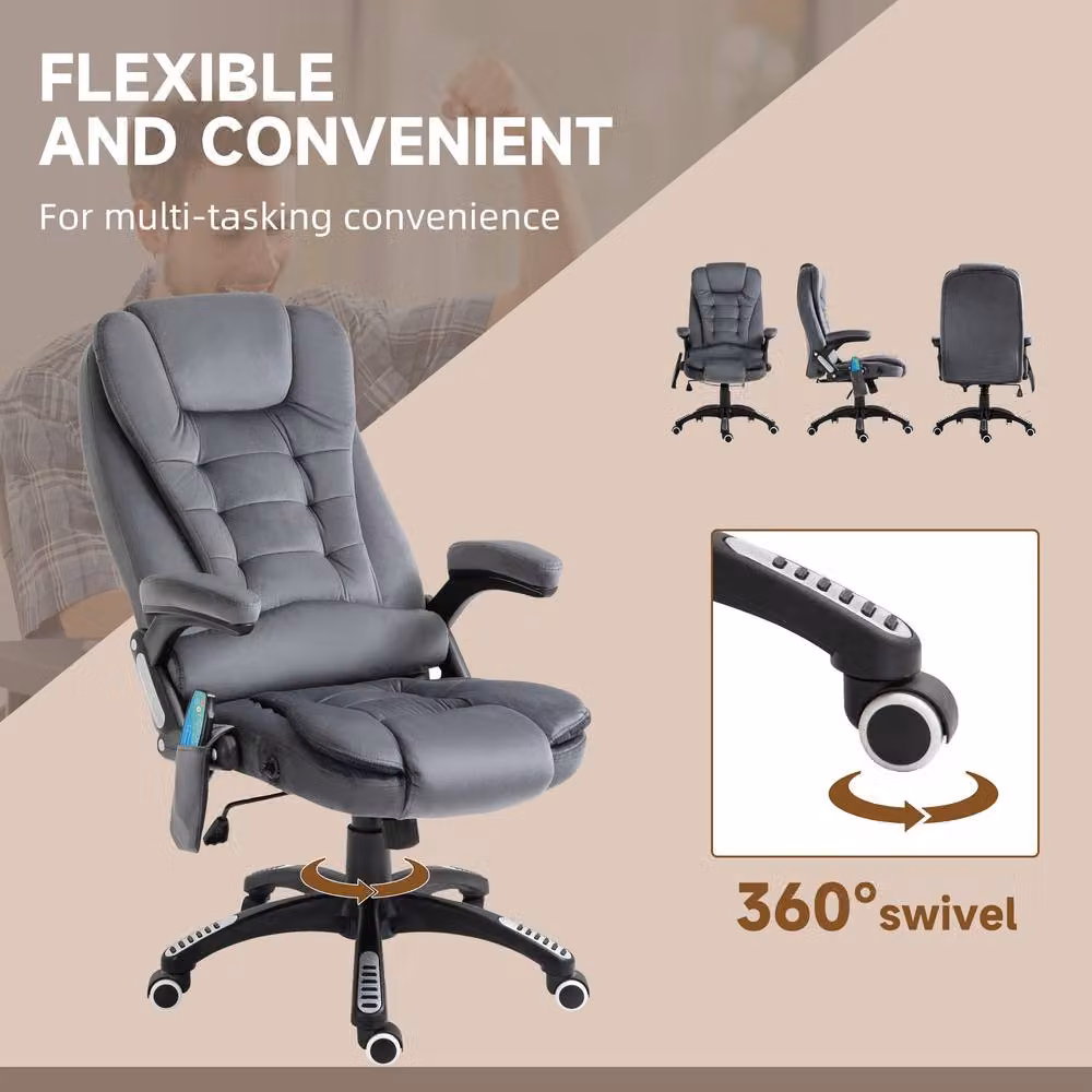 ERGOVEXA Grey Velvet Massage Recliner Executive Office Chair with Heating and 360 Degree Swivel, W/D/H: 74 x 50 x 116 cm – 6