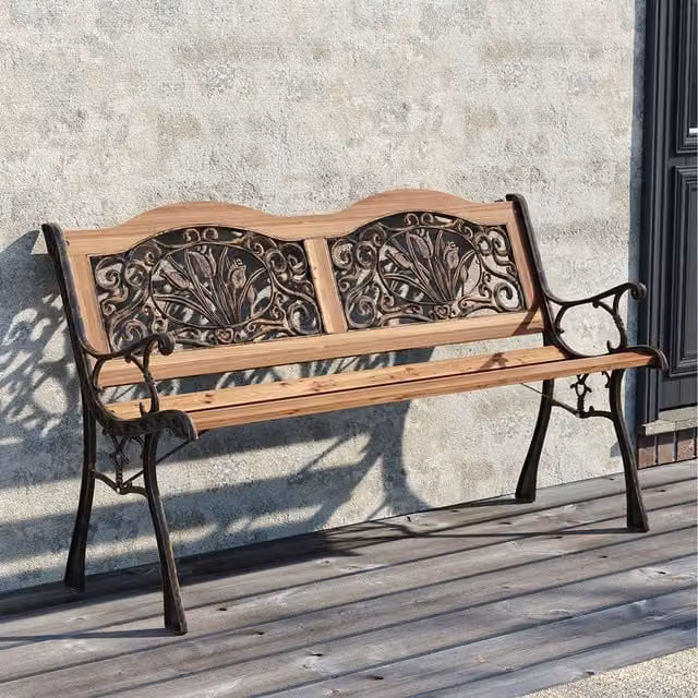 Breeins Brown and Black Metal and Wood Art Nouveau Floral Outdoor Garden Bench