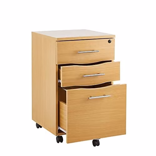 Moderna 3-Drawer Wooden Pedestal Filing Cabinet in Beech and Brown with Lock and Castors – 1