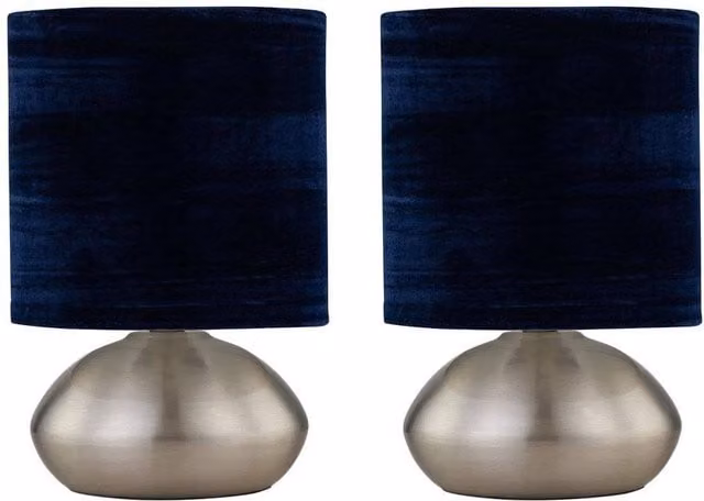First Choice Lighting Jenson Set of 2 Brushed Chrome Touch Table Lamps with Blue Fabric Shades – 1