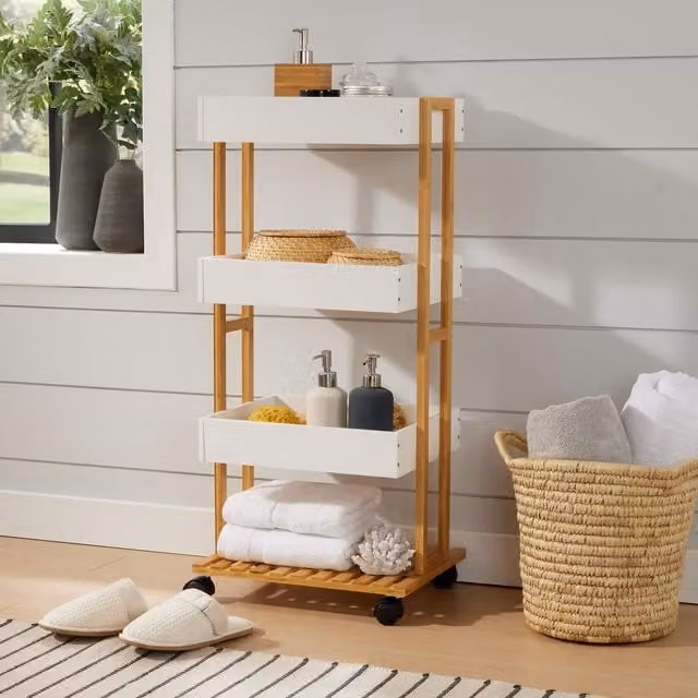 Home Source 4 Tier Bamboo Storage Trolley in White