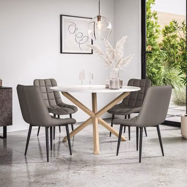 More4Homes Malvern Round Marble Effect Dining Table Set with 4 Nova Dining Chairs in Grey and White with Oak Legs, W/D/H: 120 x 120 x 75 cm