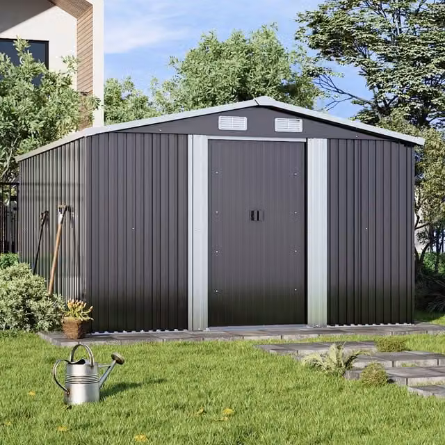Breeins Metal Pent Garden Shed with Sliding Doors in Anthracite W/D/H: 365.76 x 304.8 x 213.36 cm