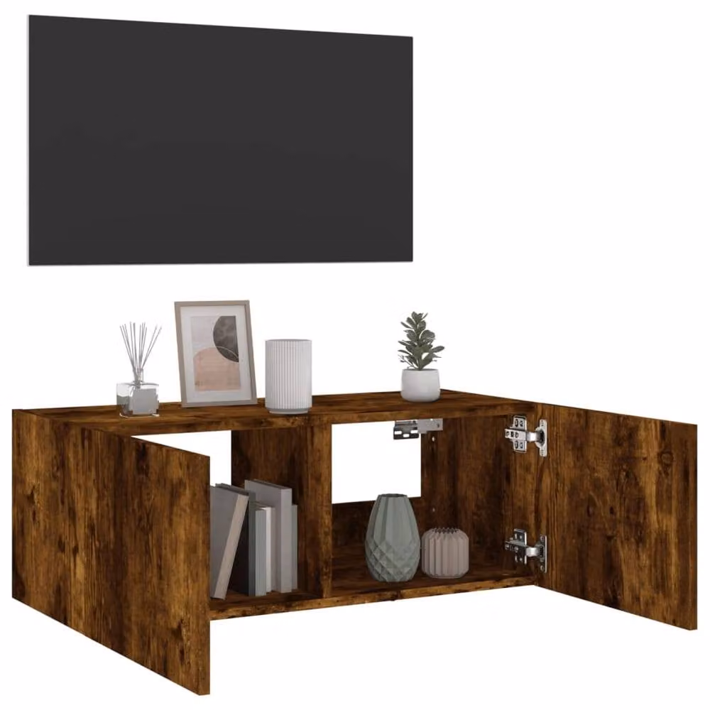 Berkfield Home Modern Wall Mounted TV Cabinet with Integrated LED Lights in Smoked Oak Brown, W/D/H: 80 x 35 x 31 cm – 5