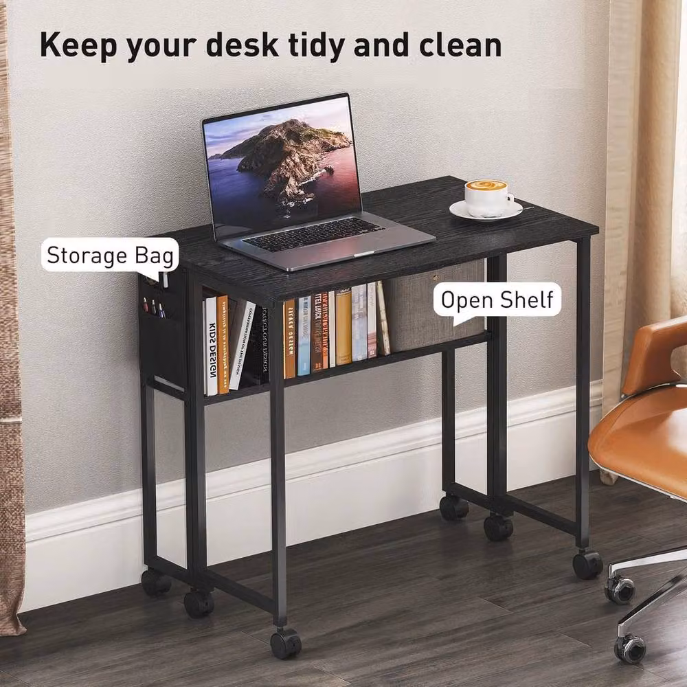 FORGEVIO Black Foldable Computer Desk with Castors and Drop Leaf Top – 6