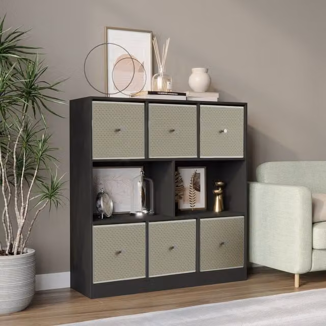 URBNLIVING 8 Cube Black Bookcase with 6 Beige Fabric Storage Drawers