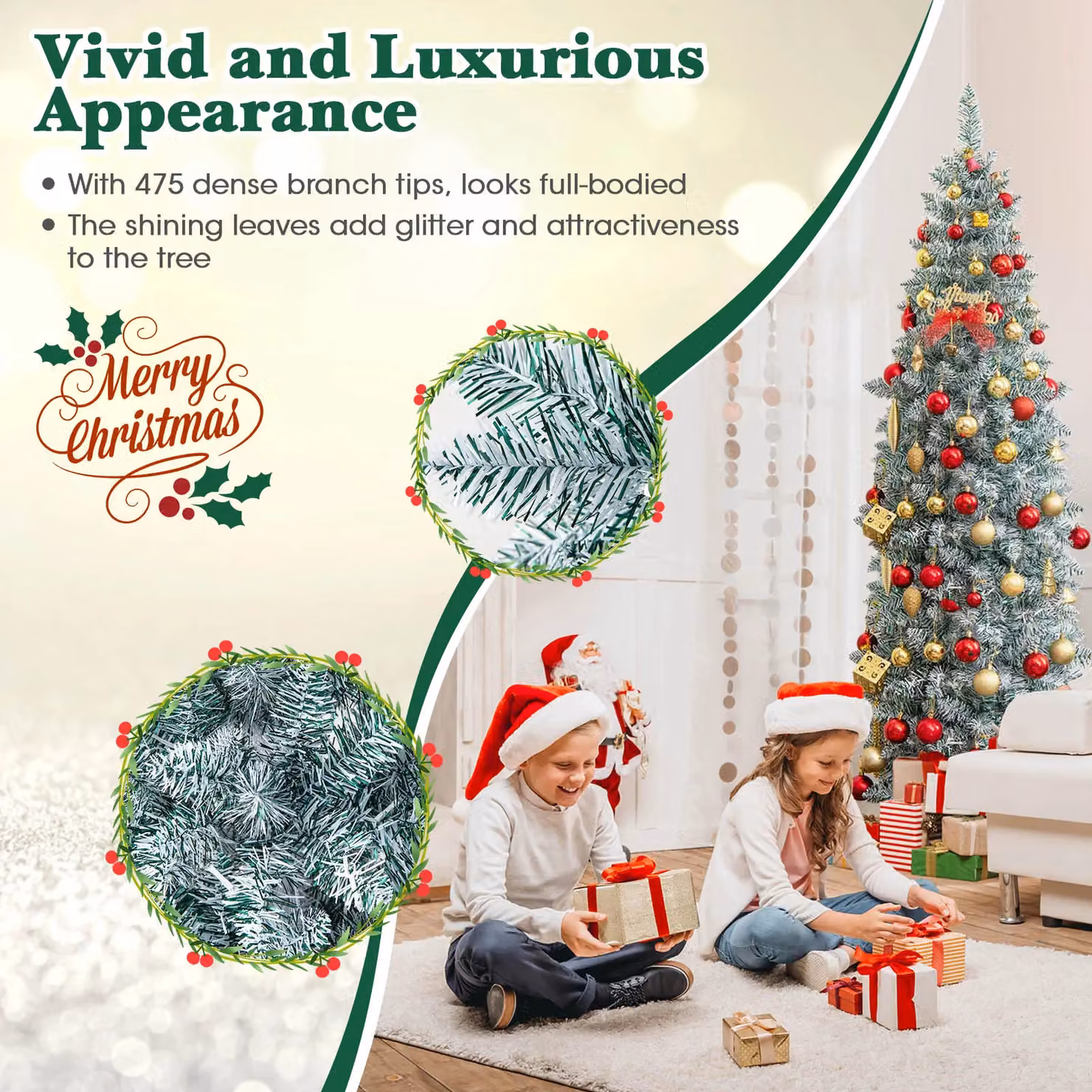 Gymax 6ft Pre-Lit Slim Christmas Tree with 475 Tips and 250 Colourful Lights in Green – 3