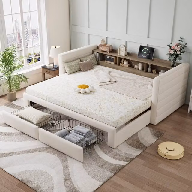 BTM Linen Upholstered Daybed with Trundle Storage Sofa Bed in Beige, W/D/H: 190 x 90 x 52.5 cm
