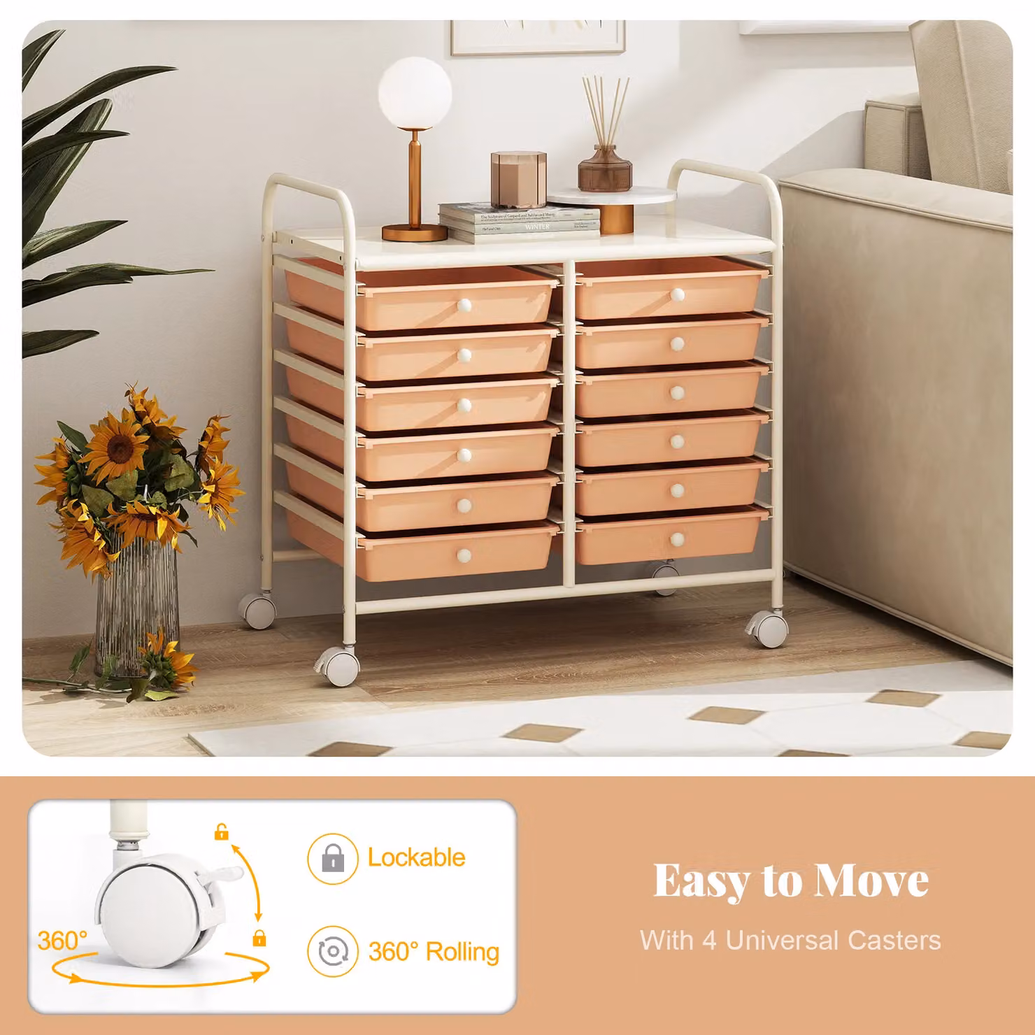 Gymax 12-Drawer Multi-Purpose Utility Storage Rolling Cart with Handles in Peach – 2