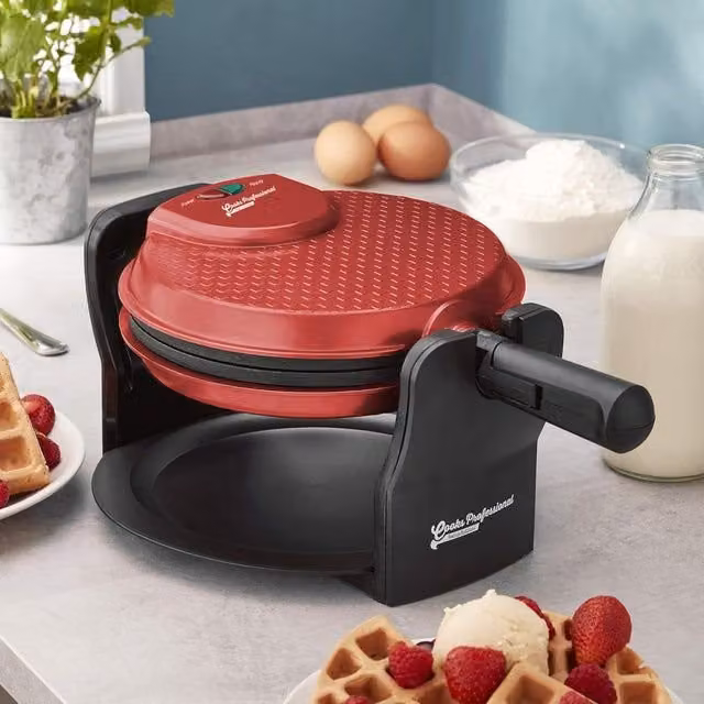 Cooks Professional Rotary Belgian Waffle Maker Machine with Non-Stick Plates and Drip Tray in Red – 1