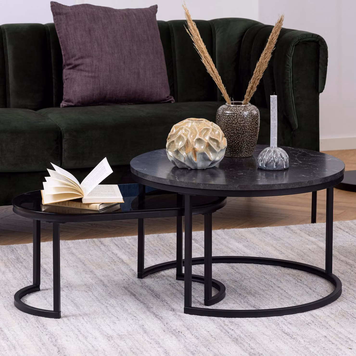 Furniture To Go Spiro Modern Round Coffee Table Set with Black Marble and Smoked Melamine Glass Tops – 3