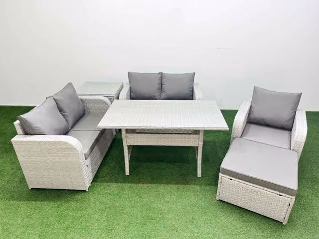 Fimous Grey Poly Rattan Garden Furniture Set with Reclining Chair, Loveseat Sofa, Rectangular Dining Table and Side Stool