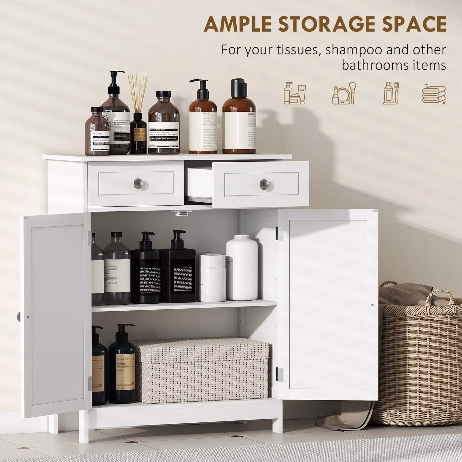 Kleankin Freestanding White Bathroom Floor Storage Cabinet with 2 Drawers and Hinged Doors – 3