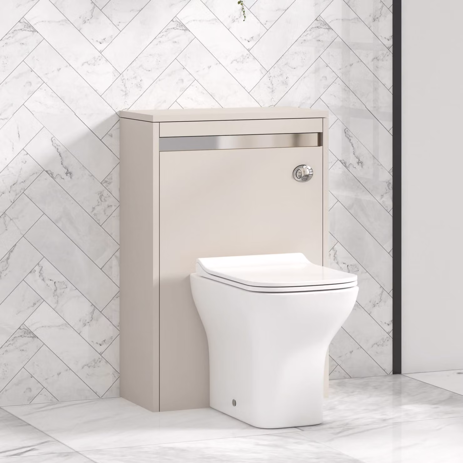 Orion Warm Taupe Wall Mounted WC Unit with Qubix Rimless Ceramic Toilet Pan, Slim Soft Close Seat and Cistern with Chrome Accent Trim
