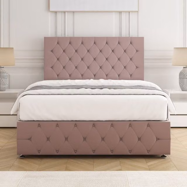 BSSPOKE Mulberry Super King Divan Bed with 24 inch Plush Headboard and Footboard in Pink Velvet Fabric, W/D/H: 200 x 200 cm
