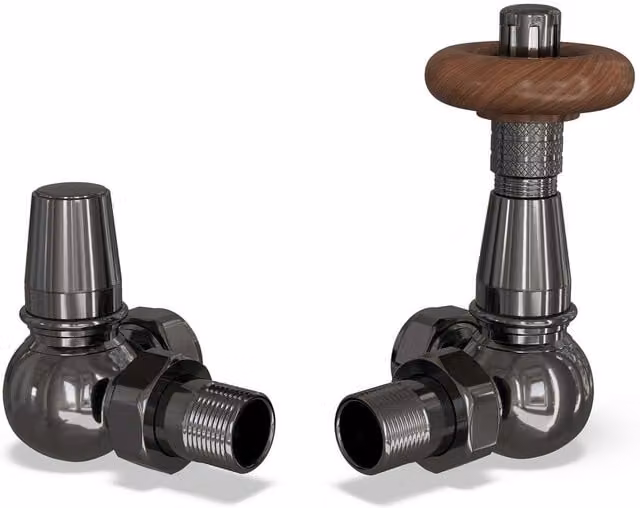Derry Traditional White Thermostatic Radiator Valve and Lockshield Angled Set in Black Nickel with 8mm Valve Reducers