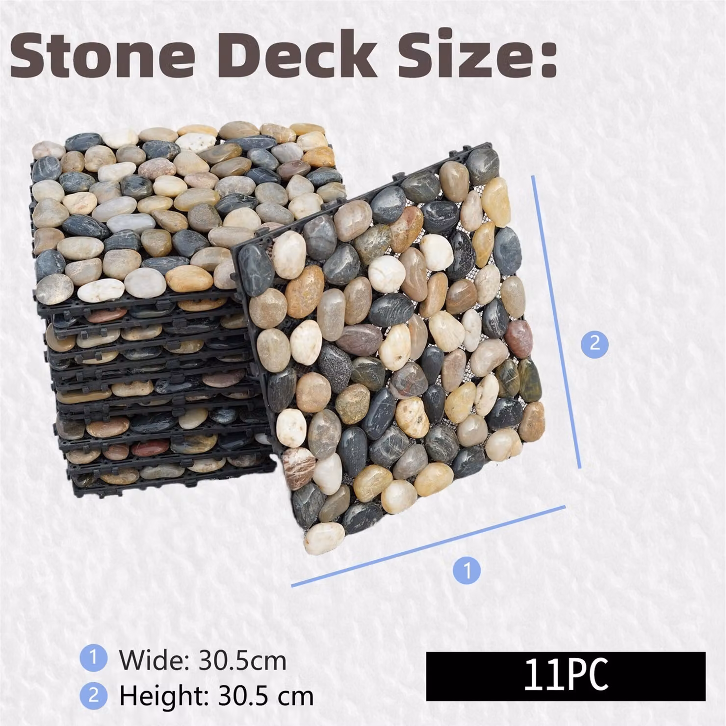 Gr8 Garden 11 Pack Natural Real Pebble Stone Interlocking Floor Decking Tiles, Multicolour, W/D/H: 30.5 x 30.5 x 3.05 cm – 2