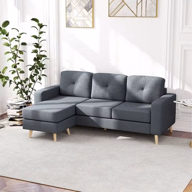 HOMCOM 3 Seater L Shaped Sofa with Solid Wood Frame in Grey