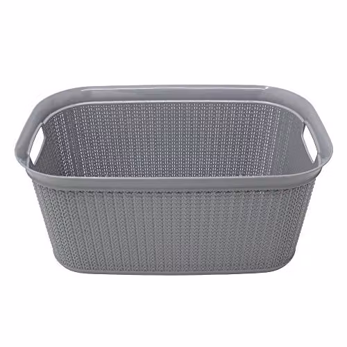 JVL Knit Design Loop Plastic Rectangular Linen Washing Basket with Handles, Grey, W: 36.5 cm, D: 56.5 cm, H: 25.5 cm, 38 Litres – 1