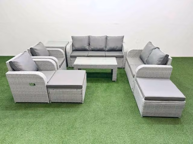 Fimous Grey PE Rattan Garden Furniture Set with 3 Seater Sofa, Armchair, Coffee Table and Ottoman