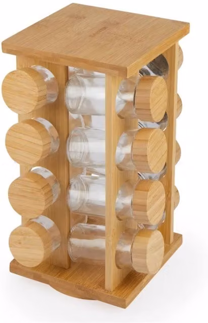 Nordara Brown Bamboo Rotating Seasoning Storage Set with 16 Screw Top Jars, Diameter: 20 cm – 1