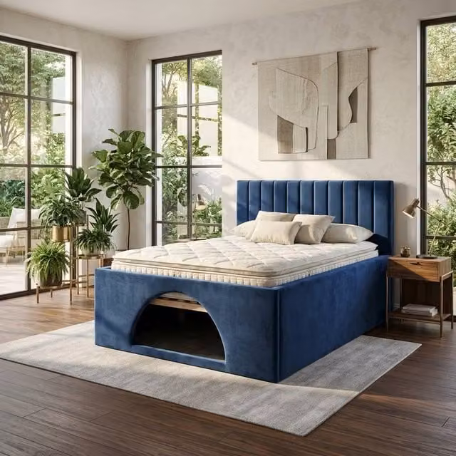 Soft Snooze Beds Modern Upholstered Velvet Bed Frame with Built-in Dog Bed and Lift-up Storage in Blue, W/D/H: 180 x 200 cm, King Size