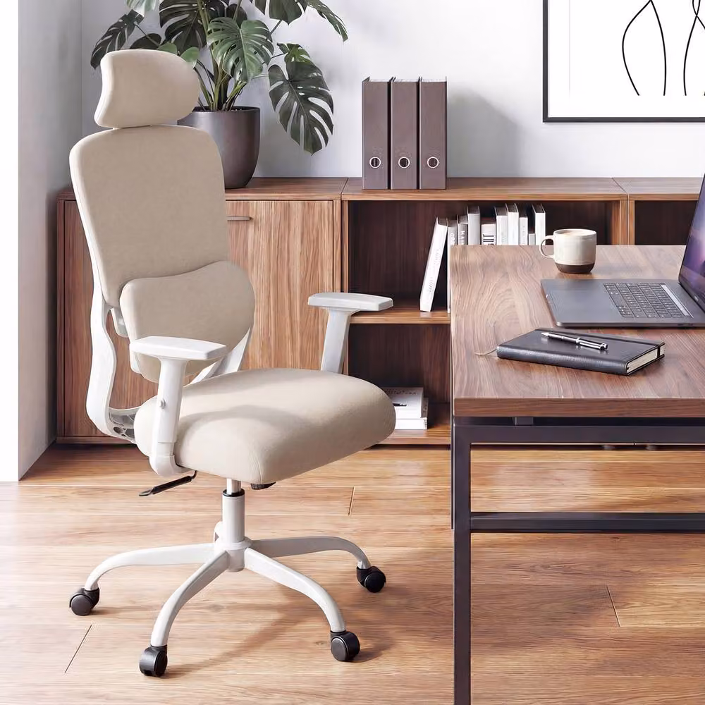 Gymax Ergonomic High Back Office Chair with Headrest, Lumbar Support and Armrests in Beige Fabric – 5