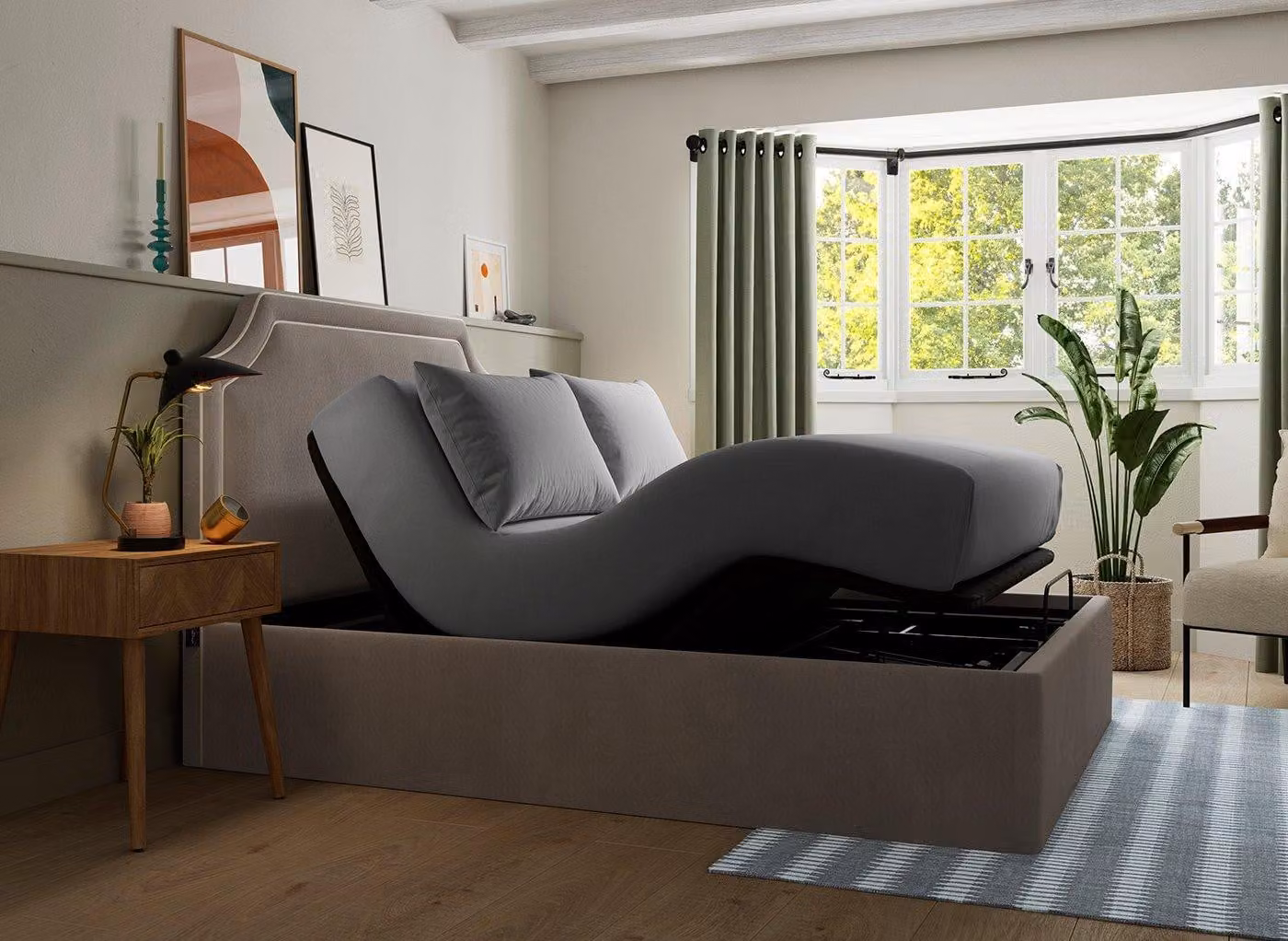 Silentnight Holden Ergomotion Grey Upholstered Adjustable Bed Frame with USB Charging Port and Massage Function