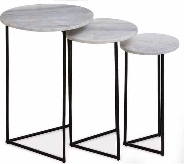 Orsina Nest of 3 Round Natural Marble Top Side Tables with Black Powder Coated Metal Frames