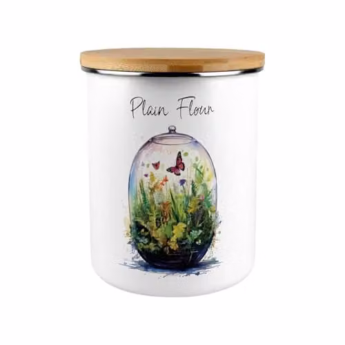 Purely Home Plant Terrarium Extra Large Plain Flour Storage Canister, Green and White Enamel with Bamboo Lid, 2.7 l