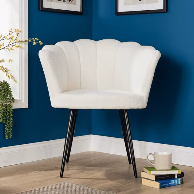 Home Source Scallop Compact Padded Accent Armchair in White Bouclé and Velvet with Metal Legs