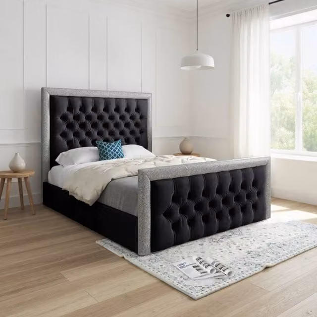 KDMD Wappenham Small Single Upholstered Designer Bed Frame in Black Soft Velvet with Glitter Border – 1
