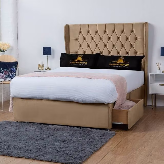 UK Bed Furniture Mary Wingback Divan Bed with 2 Drawers and 54 Inch Headboard in Beige, Double, W/D/H: 140 x 200 cm
