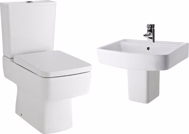 Balterley Optic Square Suite White Ceramic Toilet Soft-Close Seat and 520mm Semi Pedestal Basin – 1