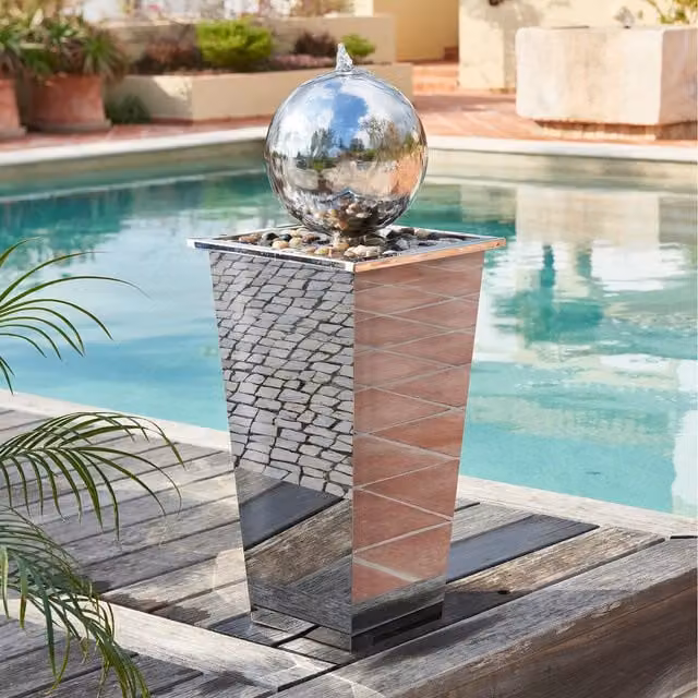 Primrose Cascading Sphere Tabletop Water Feature Fountain in Silver Stainless Steel