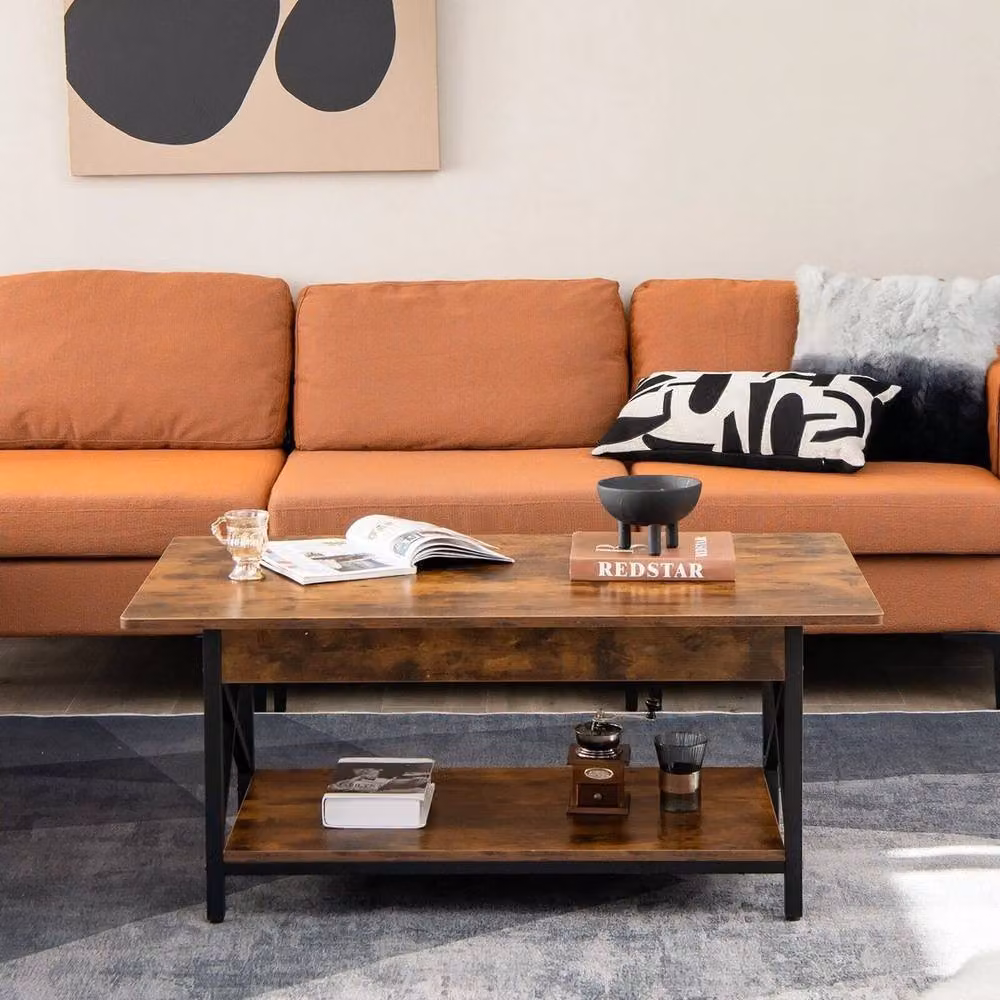 KORVIXA Home Industrial Cocktail Tea Side Table in Brown with Metal and Wood Construction, W/D/H: 100 x 125 x 48 cm – 3