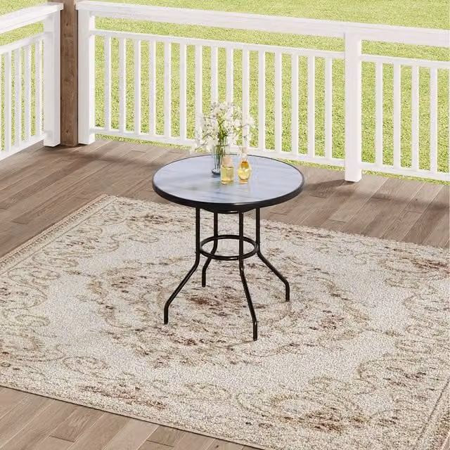 Komore Modern Round Garden and Terrace Table with Black Glossy Tempered Glass Top