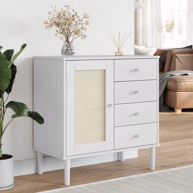 Berkfield Home SENJA Sideboard in White Rattan Look, Solid Pine Wood, W/D/H: 80 x 40 x 80 cm